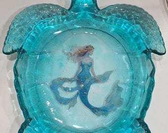 Plato de joyería con abalorios de sirena y tortuga marina de resina artesanal/Decoración costera hawaiana para el hogar y la oficina