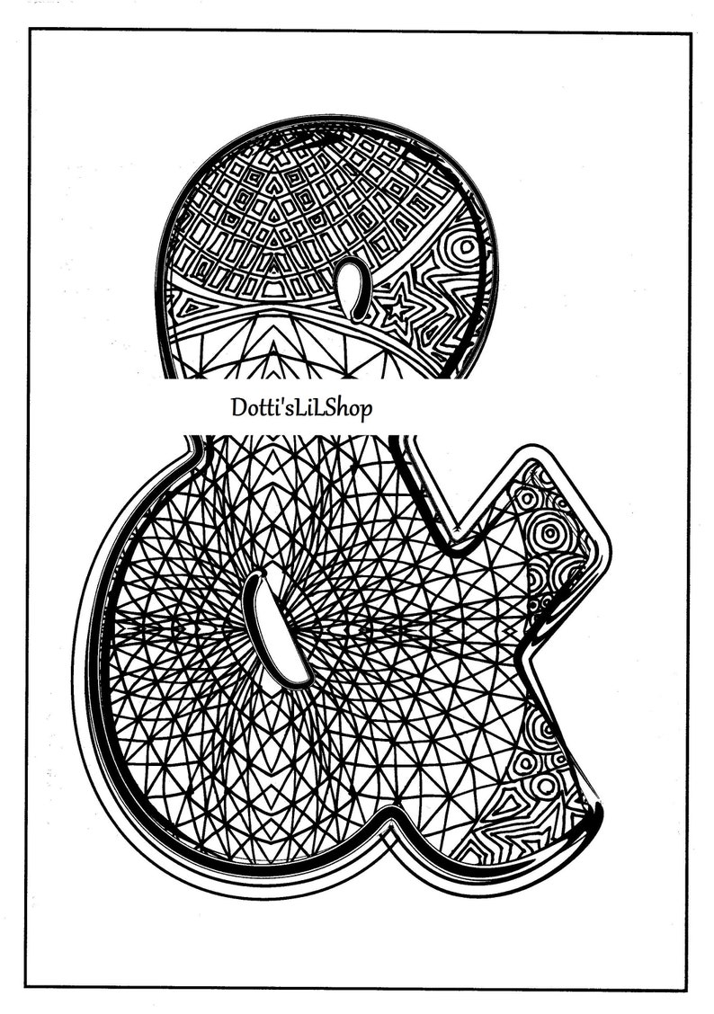 May include: Black and white line art of an ampersand symbol. The top portion is a rounded shape with geometric patterns. The bottom portion is a stylized ampersand with intricate line designs. The text "Dotti'sLilShop" is in the middle.