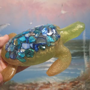 Handmade Resin Olive with Blue Sea glass Sea Turtle / Turtle Decor / Turtle Figurine / Ocean Turtle / Paper Weight