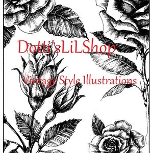 May include: Black and white line art illustration of roses with leaves. The text "Dotti's Lil Shop Vintage Style Illustrations" is in red at the top of the image.