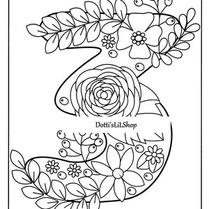 May include: Black and white line art of the number three, decorated with floral and leaf elements. A large rose is centered within the number, with smaller flowers and berries throughout. The text "Dotti'sLilShop" is at the bottom.