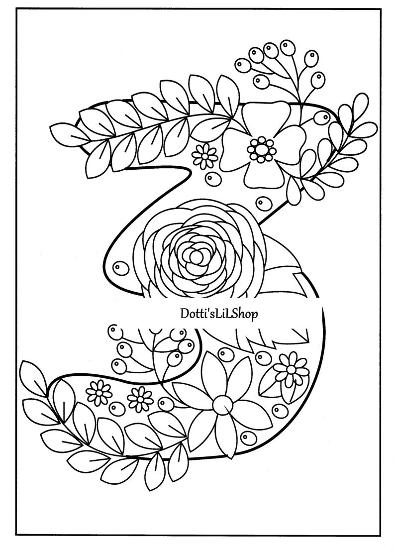 May include: Black and white line art of the number three, decorated with floral and leaf elements. A large rose is centered within the number, with smaller flowers and berries throughout. The text "Dotti'sLilShop" is at the bottom.