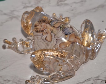 Figura de rana ángel de resina hecha a mano / Decoración de rana