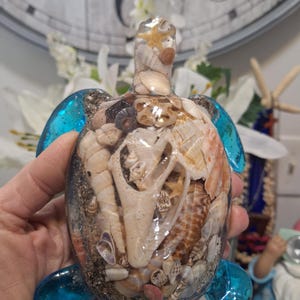 May include: A decorative turtle figurine filled with seashells and sand, encased in clear resin. The turtle has bright blue flipper accents. The figurine is a unique coastal home decor item.