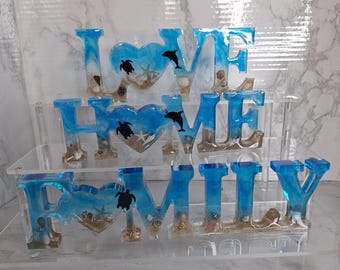 Arte de conchas marinas de resina hecho a mano, arte oceánico, letreros de familia, sueños, amor y hogar.