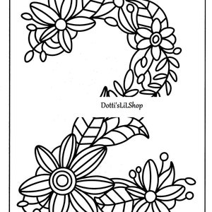 May include: Black and white floral line art design. The image features two floral arrangements with detailed outlines of flowers, leaves, and berries. The text "Dotti'sLilShop" is present.