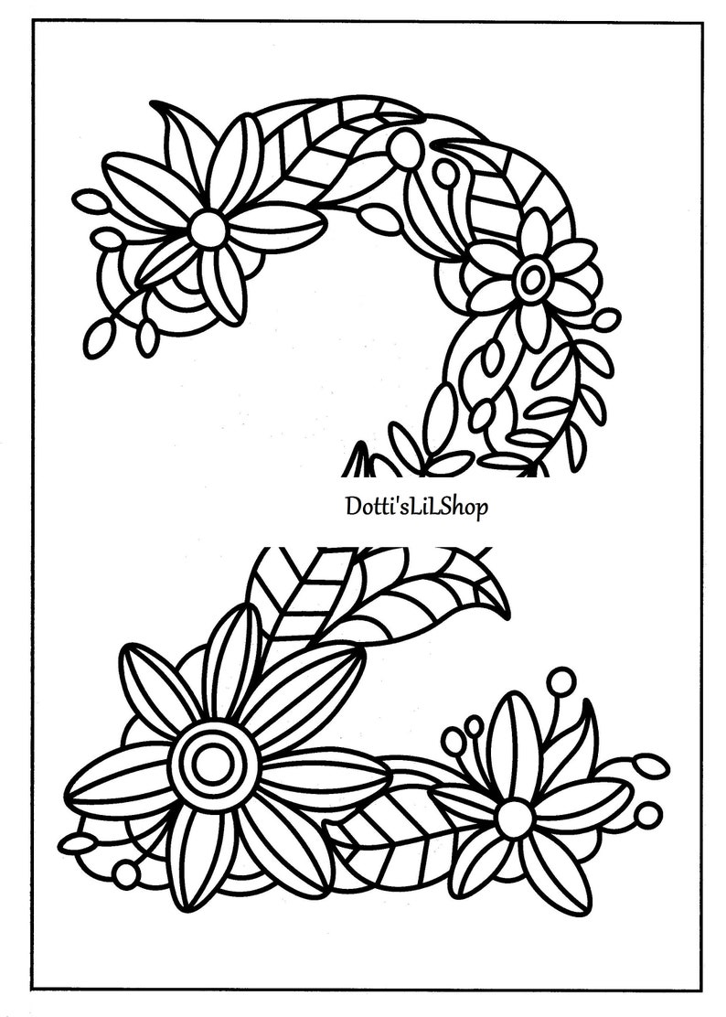 May include: Black and white floral line art design. The image features two floral arrangements with detailed outlines of flowers, leaves, and berries. The text "Dotti'sLilShop" is present.