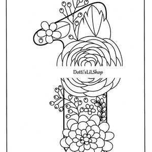 May include: Black and white floral illustration of the number one. The number is decorated with various flowers, leaves, and berries. The text "Dotti'sLilShop" is written across the middle of the number.
