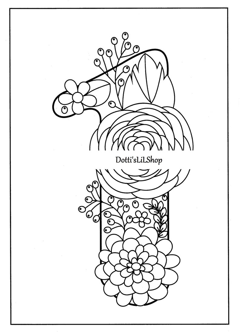 May include: Black and white floral illustration of the number one. The number is decorated with various flowers, leaves, and berries. The text "Dotti'sLilShop" is written across the middle of the number.
