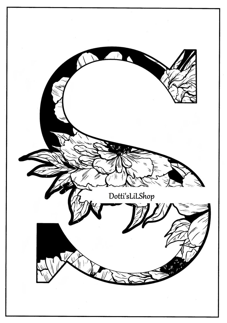 May include: Black and white floral design of the letter "S". The letter is filled with a black and white floral pattern and a large flower in the center. The text "Dotti'sLilShop" is at the bottom.