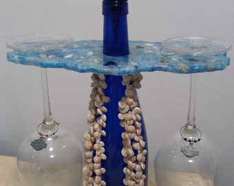 Portabotellas de resina con temática de playa para vino o champán, portabotellas y copas de vino, regalo de inauguración de la casa, decoración tropical, decoración costera.