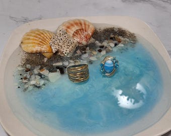 Plato de porcelana con soporte para anillos, joyería tropical playera, arte de resina hecho a mano