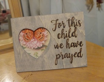 For This Child We Have Prayed Rustic Engraved Wood Heart Picture Photo Frame