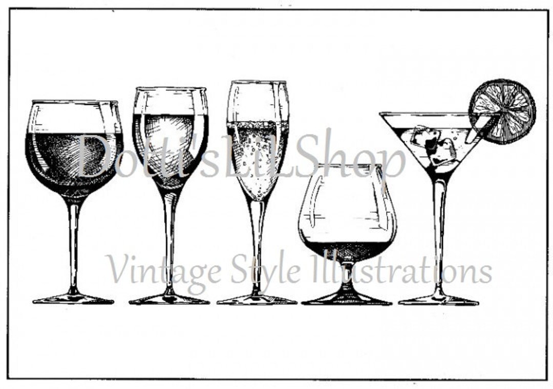 Woodburning Pyrograph Wine Glasses Vintage Style Etching Illustration