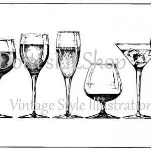 May include: A black and white line drawing of five different types of glasses: a wine glass, a champagne flute, a brandy snifter, a martini glass, and a cocktail glass. The martini glass has a lime wedge garnish.