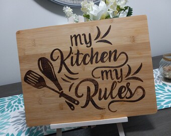 16" My Kitchen My Rules Hand Engraved Bamboo Double Sided Cutting Board / Charcuterie Board