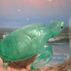 Handmade Resin Peacock Green Sea Turtle / Turtle Decor / Turtle Figurine / Ocean Turtle / Paper Weight