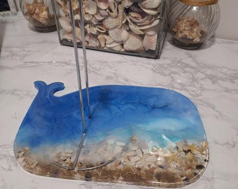 Soporte para toallas de papel higiénico/papel higiénico de resina hecha a mano de 28 cm con temática playera costera de ballena y tortuga / Decoración para el hogar playero
