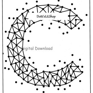 May include: Black and white digital download featuring a geometric letter "C" design. The letter is constructed from interconnected lines and triangles, surrounded by scattered black dots. Text includes "Dotti'sLilShop" and "Digital Download".