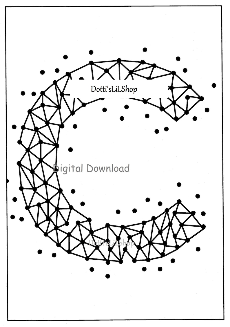 May include: Black and white digital download featuring a geometric letter "C" design. The letter is constructed from interconnected lines and triangles, surrounded by scattered black dots. Text includes "Dotti'sLilShop" and "Digital Download".