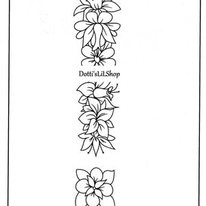 May include: Black and white line art of floral designs. The image features three distinct floral arrangements: a vertical column of flowers, a cluster of blossoms, and a single, symmetrical flower. The text "Dotti'sLilShop" is also present.