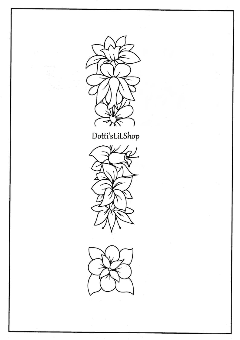 May include: Black and white line art of floral designs. The image features three distinct floral arrangements: a vertical column of flowers, a cluster of blossoms, and a single, symmetrical flower. The text "Dotti'sLilShop" is also present.