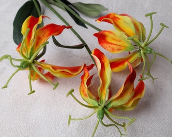 artificial lily, artificial gloriosa, yellow lily, gloriosa lily, tropical flowers, lily bouquet, tropical bouquet, lily home decor