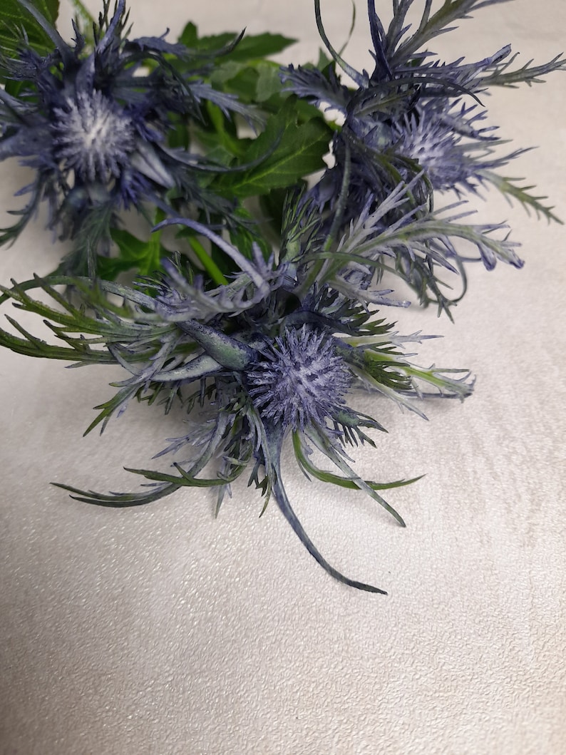 artificial sea holly, artificial thistle, blue sea holly, blue buttonhole, blue flowers, thistle home decor, blue thistle, blue wedding image 9