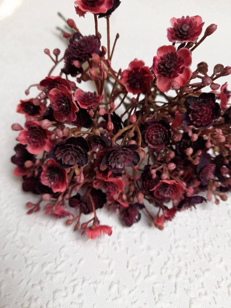 artificial gypsophila, burgundy gypsophila, bouquet filler, burgundy home decor, burgundy wedding, burgundy bouquet, gypsophila image 1