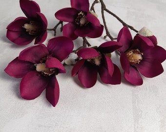 artificial magnolia, burgundy magnolia, burgundy flowers, artificial flowers, magnolia branch, magnolia home decor, magnolia bouquet,