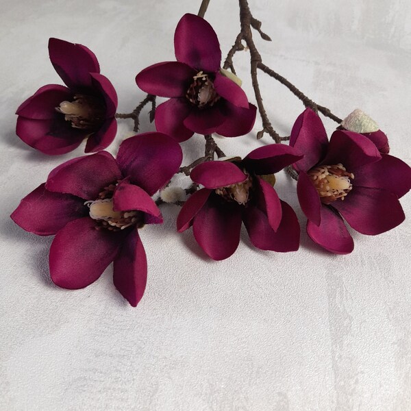 artificial magnolia, burgundy magnolia, burgundy flowers, artificial flowers, magnolia branch, magnolia home decor, magnolia bouquet,