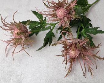 artificial sea holly, artificial thistle, pink sea holly, pink buttonhole, pink bouquet, thistle bouquet, thistle home decor, pink flowers
