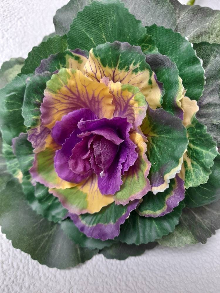 Artificial Faux Silk Brassica Ornamental Cabbage Stem Green & Purple 46cm Tall 