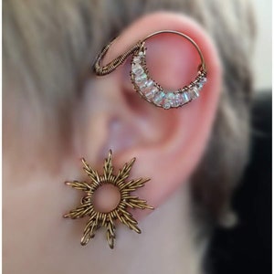 Sun and moon alternative earrings, nature artisan earrings, ear wrap unusual earrings