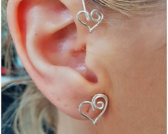 Heart Ear Cuff & Studs: Non-Tarnish Silver Wire, No Piercing