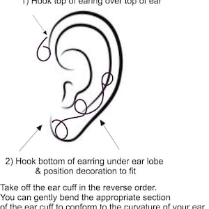 May include: A black and white illustration showing how to wear an ear cuff. The illustration shows a side view of an ear with a black ear cuff wrapped around the upper part of the ear. The text in the image reads: "1) Hook top of earing over top of ear" and "2) Hook bottom of earring under ear lobe & position decoration to fit".