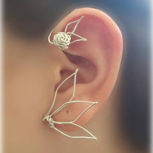 Silver rose & leaf lightweight earrings, artisan ear wrap earrings, nature earrings