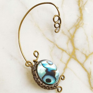 Green Abalone Shell Wrap Earrings - Non-Piercing Ear Cuff - Elegant Jewelry - Mother of Pearl Beads