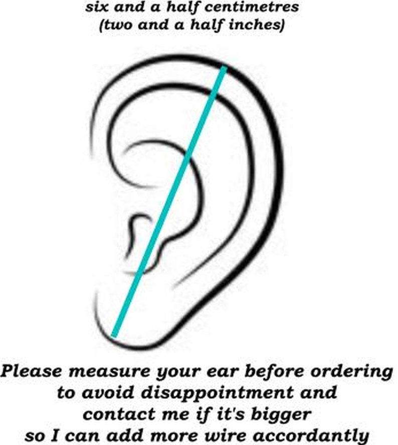 May include: Diagram showing how to measure the length of your ear for an ear cuff. The diagram shows a line drawn from the top of the ear to the bottom of the earlobe, measuring six and a half centimeters (two and a half inches). The text reads: "Please measure your ear before ordering to avoid disappointment and contact me if it's bigger so I can add more wire accordingly."