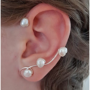 Triple pearl ear climber earrings, artisan & rustic bride earrings, prom earrings