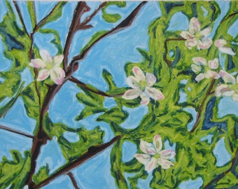 Original Painting, Oil Pastel Painting, Flower Painting, Plein Air Painting, Impressionist Painting, Fournier, "Apple Blossoms", 12x22