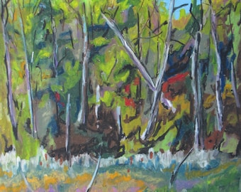 Landscape Painting, Original Painting, Oil Pastel Painting, Tree Painting, Impressionist Painting, Fournier, "Fall In The Forest", 12.25x16