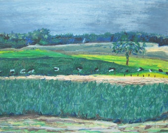 Original Painting, Oil Pastel Painting, Plein Air Painting, Impressionist Painting, Landscape Painting, "The Row Of Cows", 12.75x16