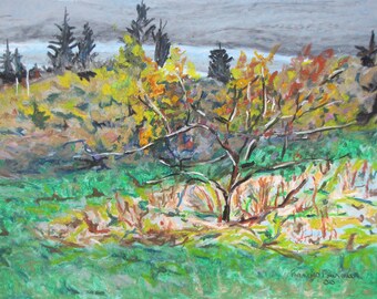 Original Painting, Oil Pastel Painting, Landscape Painting, Impressionist Painting, Tree Painting, Fournier, "Young Apple Tree", 12.5x16