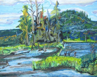 Oil Pastel Painting, Impressionist Painting, Plein Air Painting, National Park Painting, Fournier, "Cherry Pond, Orford, Quebec", 12.5x16
