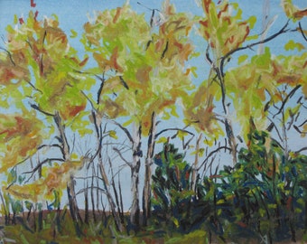 Original Painting, Oil Pastel Painting, Plein Air Painting, Impressionist Painting, Tree Painting, Fournier, "The Yellow Poplars", 12.5x16