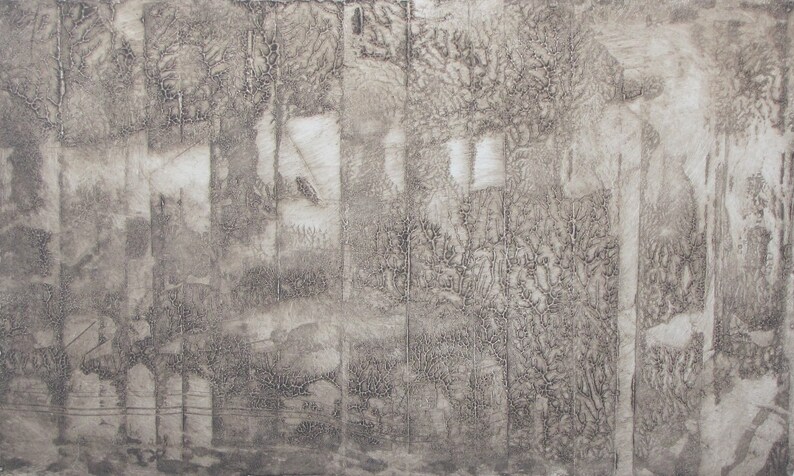 May include: Abstract art print with a textured, layered design in shades of gray. The print features a series of vertical lines and shapes, creating a sense of depth and movement.