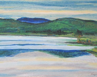Original Painting, Oil Pastel Painting, Landscape Painting, Plein Air Painting, Lake Painting, "Reflection On Spider Lake", 12.25x21.75