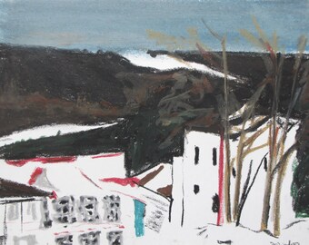 Original Painting, Oil Pastel Painting, Plein Air Painting, Impressionist Painting, Landscape Painting, Fournier, "March In Town", 10.25x14