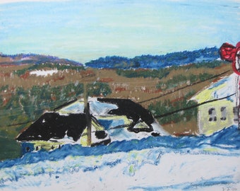Original Painting, Oil Pastel Painting, Landscape Painting, Winter Painting, Impressionist Painting, Fournier, "Mid Winter", 10.25x14